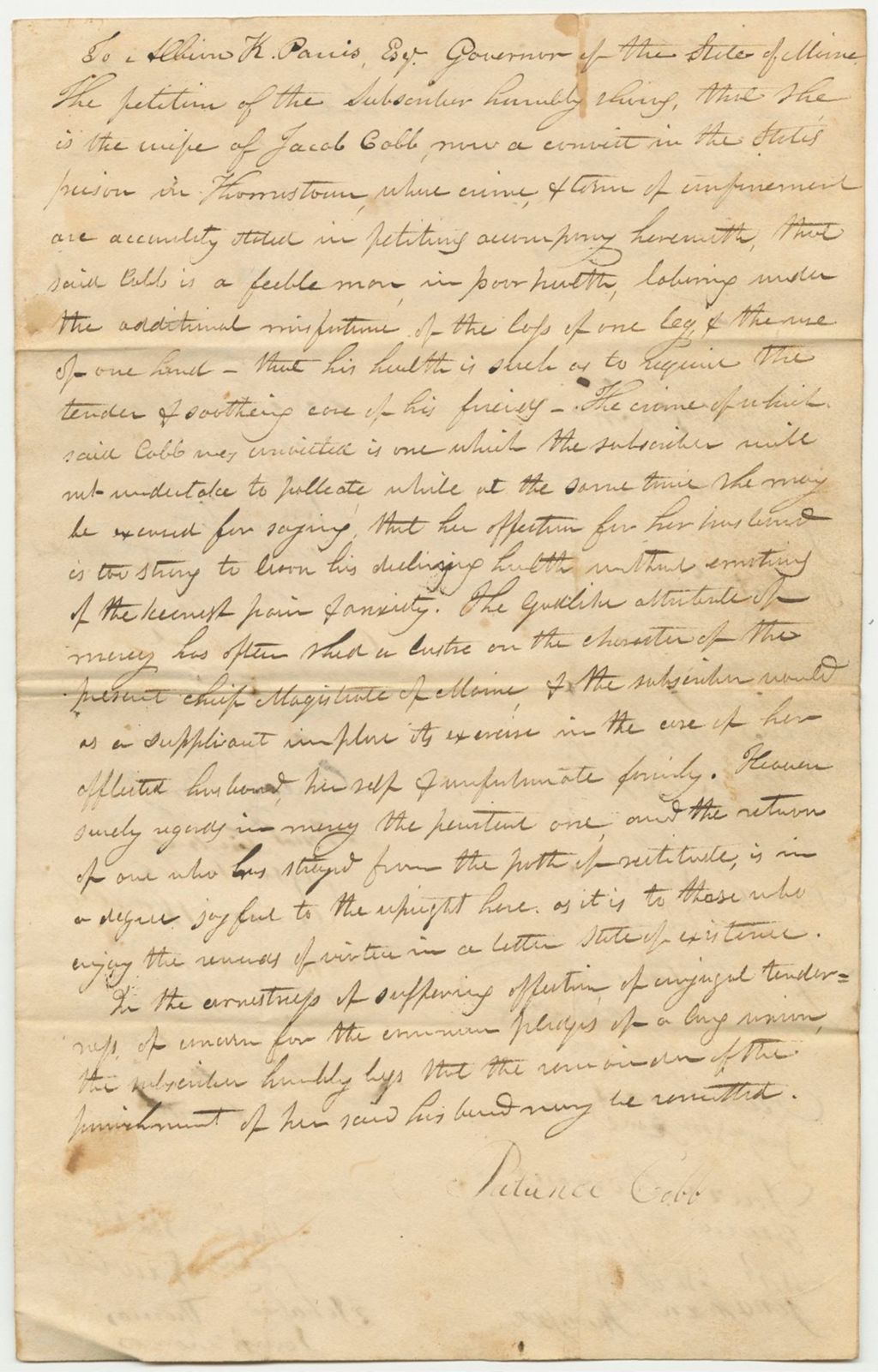 Miniature of Petition of Patience Cobb for the Remission of the Residue of Punishment Awarded Against Jacob Cobb