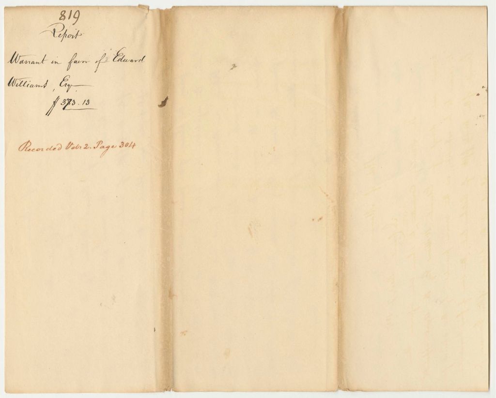 Miniature of Report 819: Report on the Warrant in Favor of Edward Williams, Esq., for Expenditure of Monies Under the Act of Fixing a Permanent Seat of Government