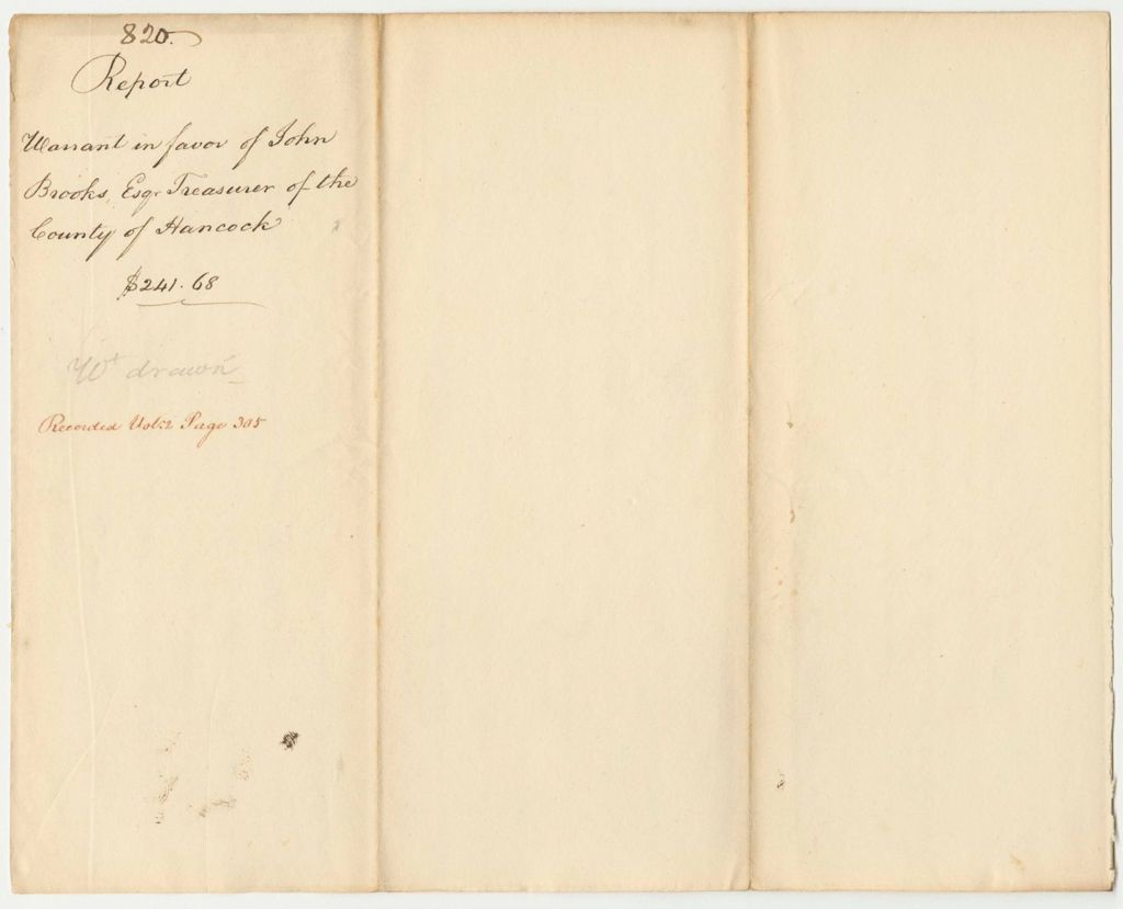 Miniature of Report 820: Report on the Warrant in Favor of John Brooks, Esq., Treasurer of Hancock County