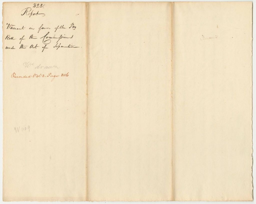 Miniature of Report 822: Report on the Warrant in Favor of the Payroll of the Commissioners Under the Act of Separation