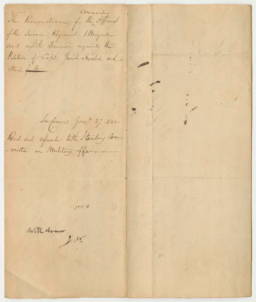 Miniature of Remonstrance of the Commanding Officers of the Second Regiment First Brigade and Eighth Division Against the Petition of Capt. Jacob Heald and Others