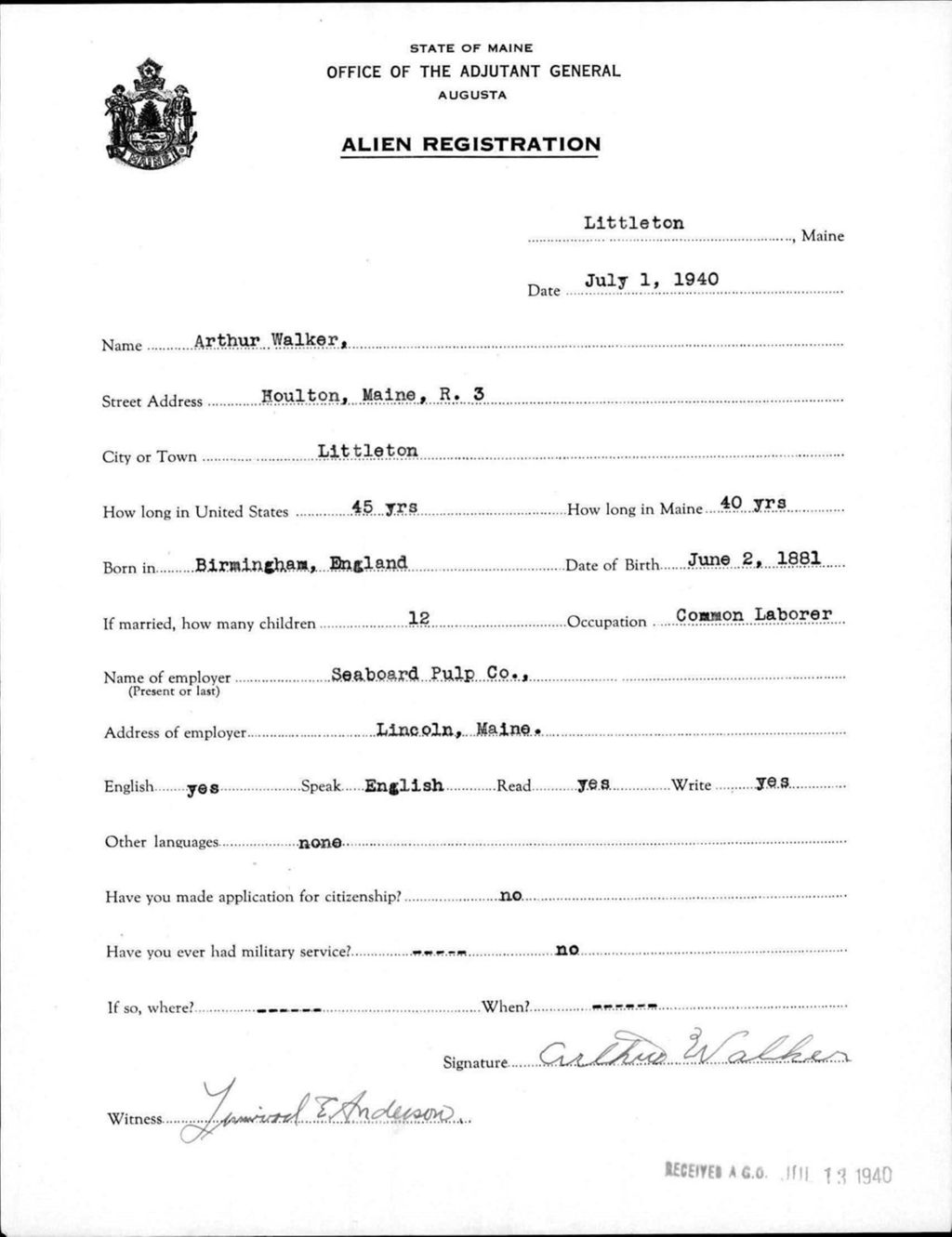 Miniature of Alien Registration- Walker, Arthur (Limestone, Aroostook County)