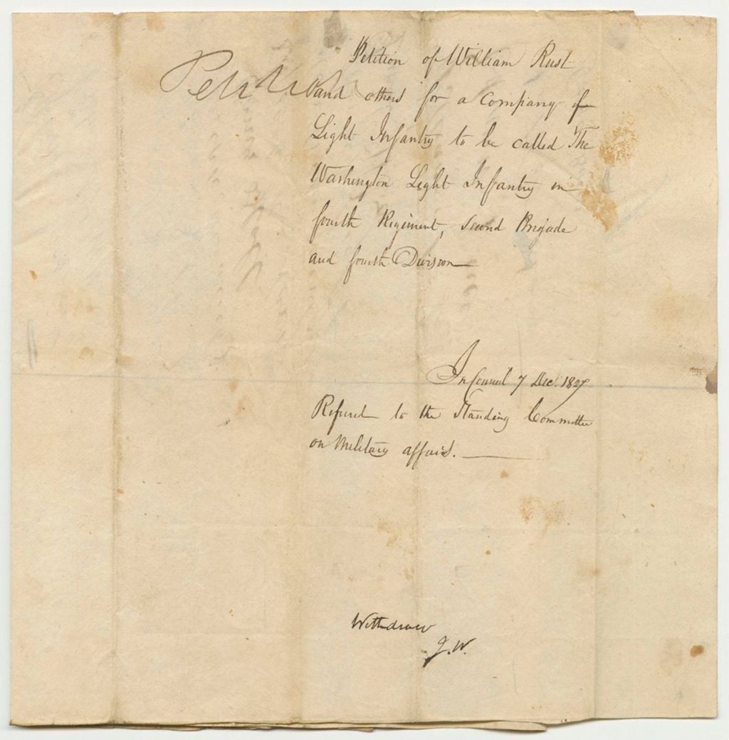 Miniature of Petition of William Rust and Others for a Company of Light Infantry to be Called the Washington Light Infantry in the Fourth Regiment, Second Brigade, and Fourth Division