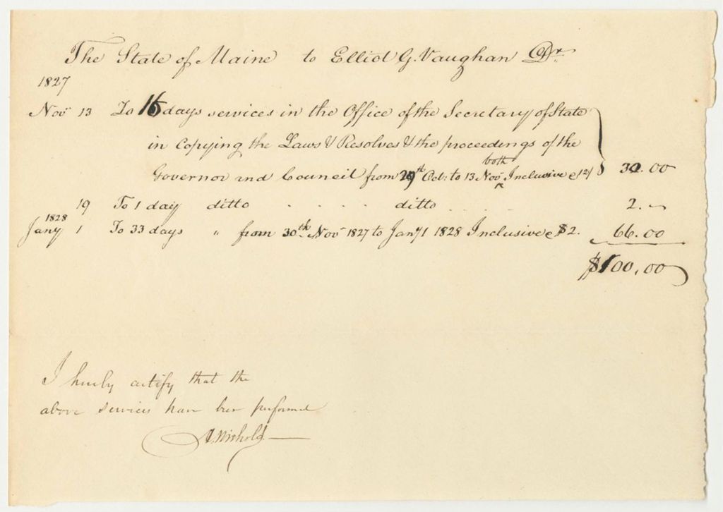 Miniature of Elliot G. Vaughan Bill for Work as Clerk in the Office of the Secretary of State