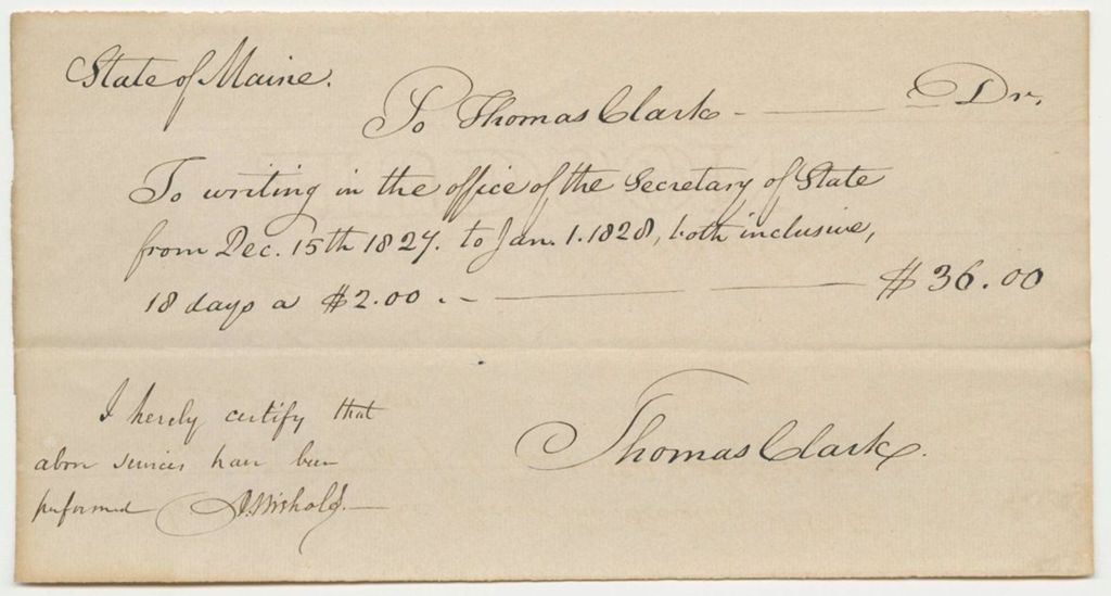 Miniature of Thomas Clark Bill for Services as a Clerk in the Office of the Secretary of State