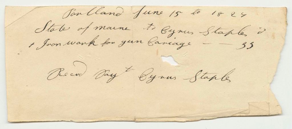 Miniature of Cyrus Staple's Bill for Iron Work for the Gun Carriage