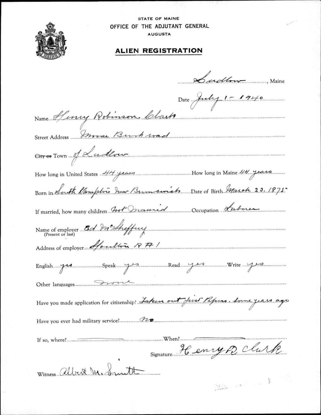 Miniature of Alien Registration- Clark, Henry R. (Limestone, Aroostook County)