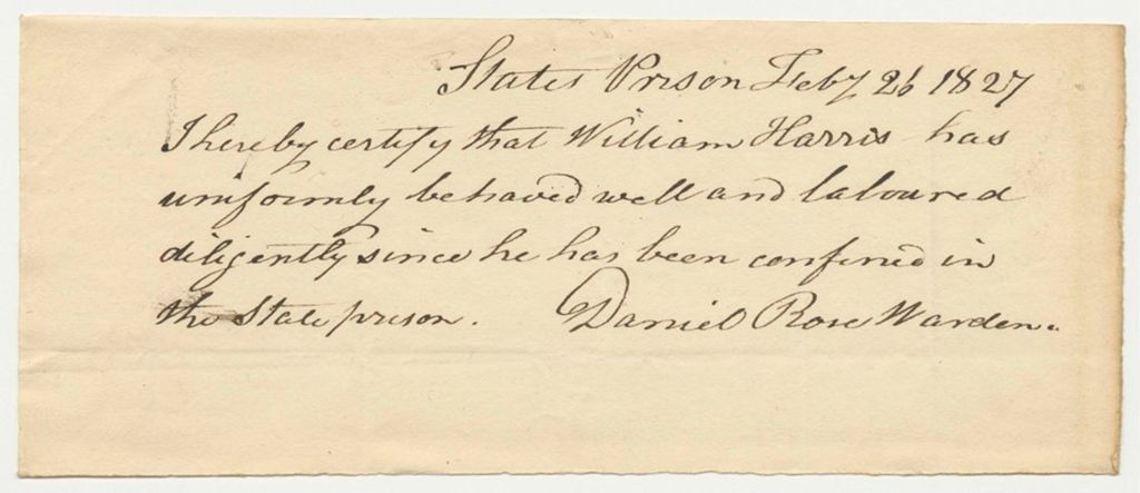 Miniature of Warden Daniel Rose's Certification of the Behavior of William Harris in Prison
