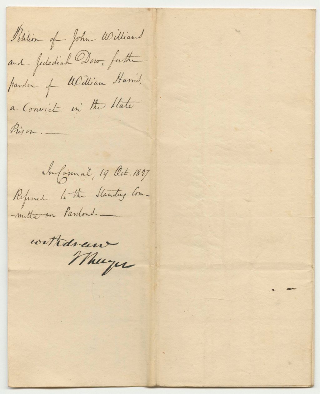 Miniature of Petition of John Williams and Jedediah Dow for the Pardon of William Harris, a Convict in the State Prison