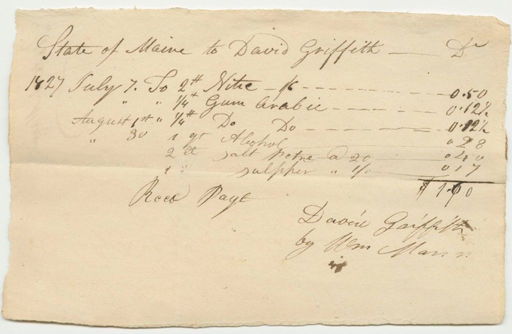 Miniature of David Griffith's Bill for Gum Arabic, Alcohol, and Other Materials