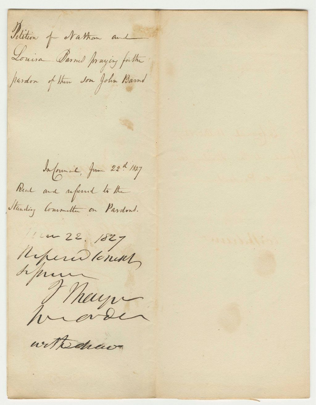 Miniature of Petition of Nathan and Louisa Barnes, Praying for the Pardon of Their Son, John Barnes
