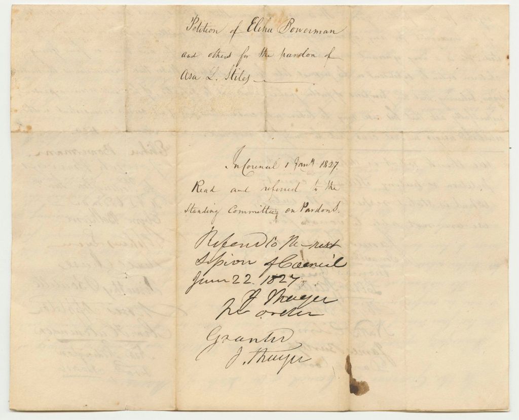 Miniature of Petition of Elisha Bowerman and Others for the Pardon of Asa L. Stiles