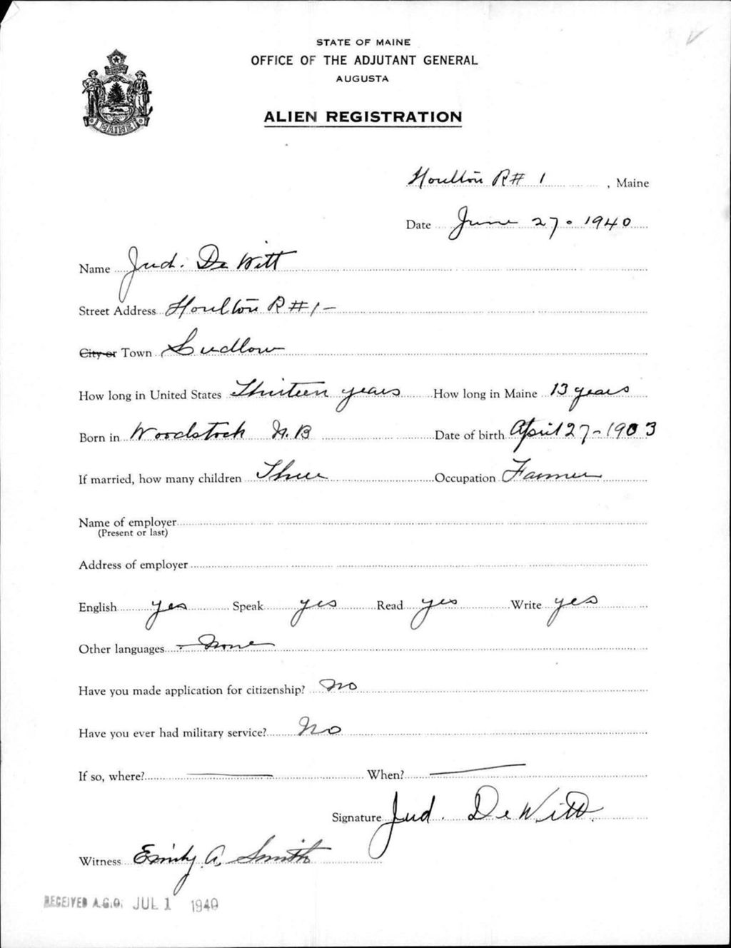 Miniature of Alien Registration- Dewitt, Jud (Limestone, Aroostook County)