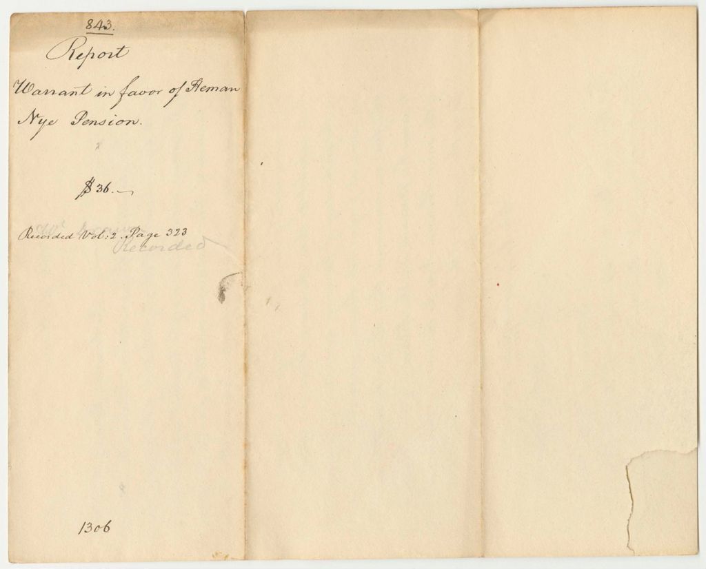 Miniature of Report 843: Report on the Warrant in Favor of Heman Nye for a Pension