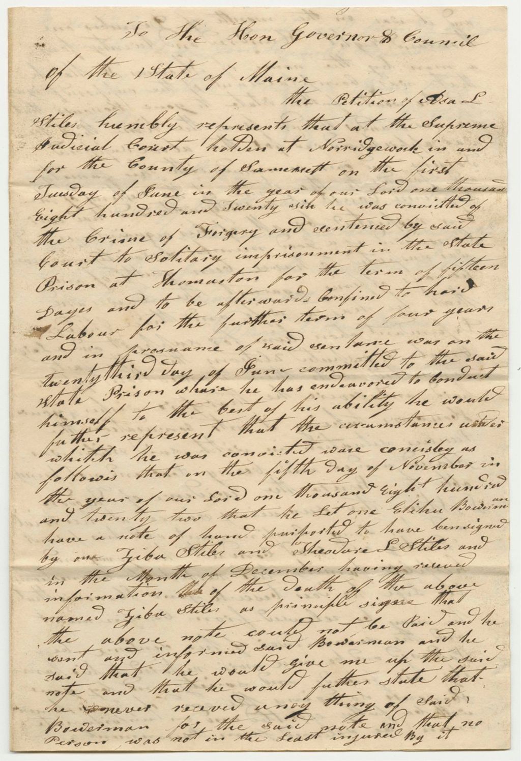 Miniature of Petition of Ezra L. Stiles for a Pardon