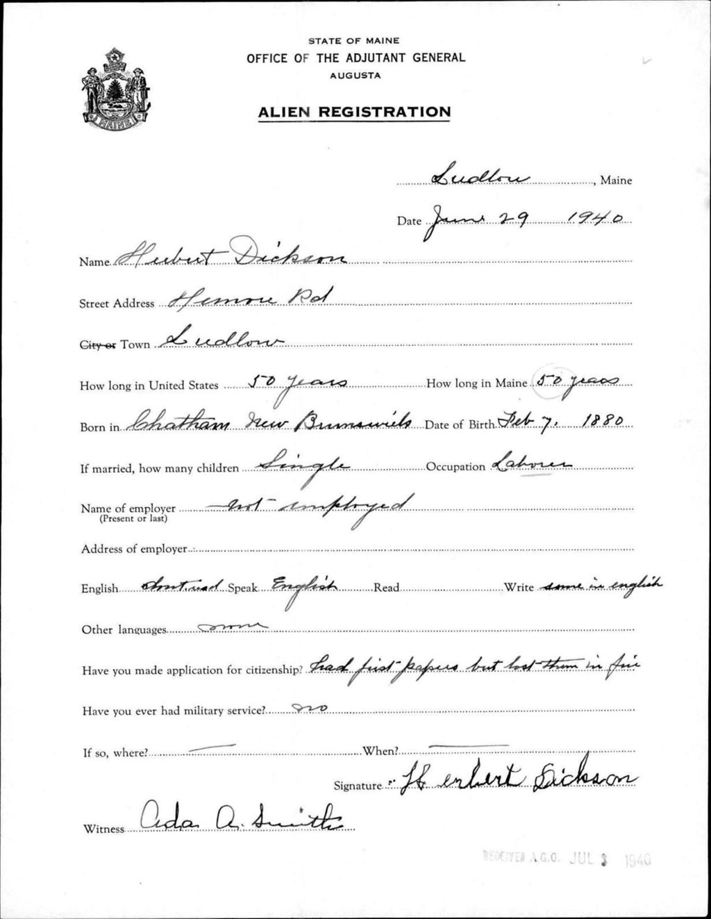 Miniature of Alien Registration- Dickson, Herbert (Limestone, Aroostook County)
