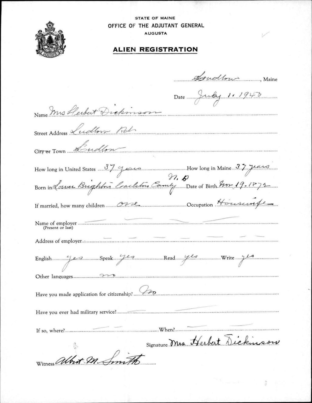 Miniature of Alien Registration- Dickinson, Herbert (Limestone, Aroostook County)