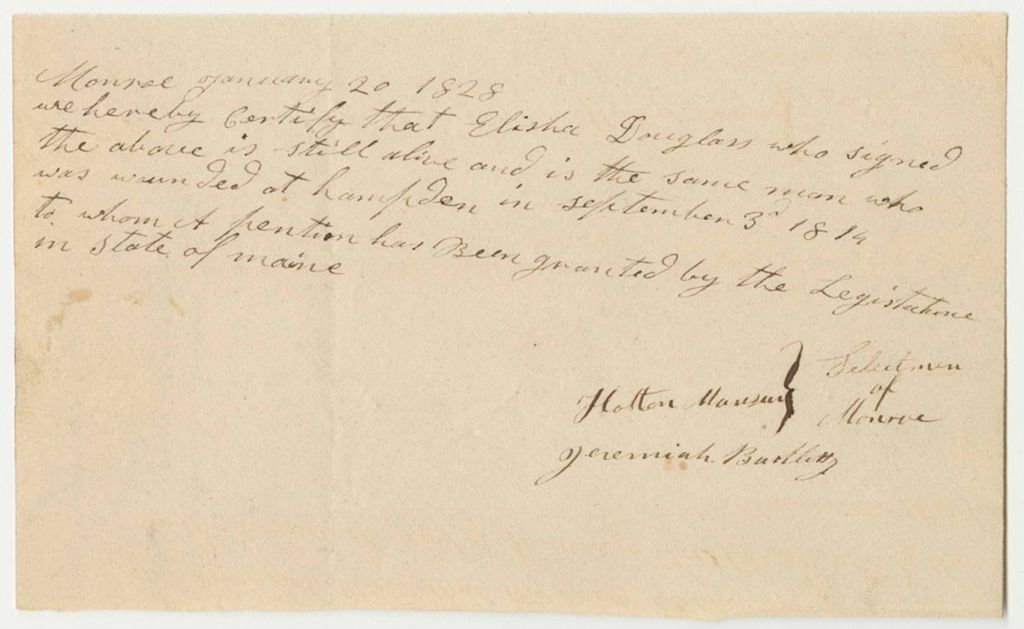 Miniature of Certification of Halton Manson and Jeremiah Bartlett, Selectmen of Monroe, for the Pension of Elisha Douglass
