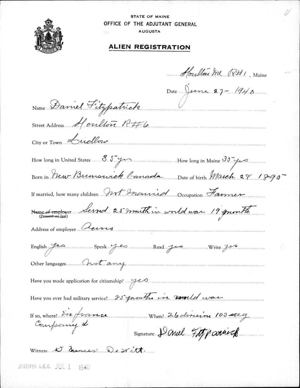 Miniature of Alien Registration- Fitzpatrick, Daniel (Limestone, Aroostook County)