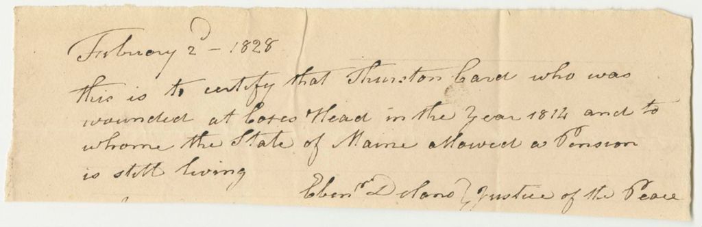Miniature of Certification of Ebenezer Dolans for the Pension of Thurston Card
