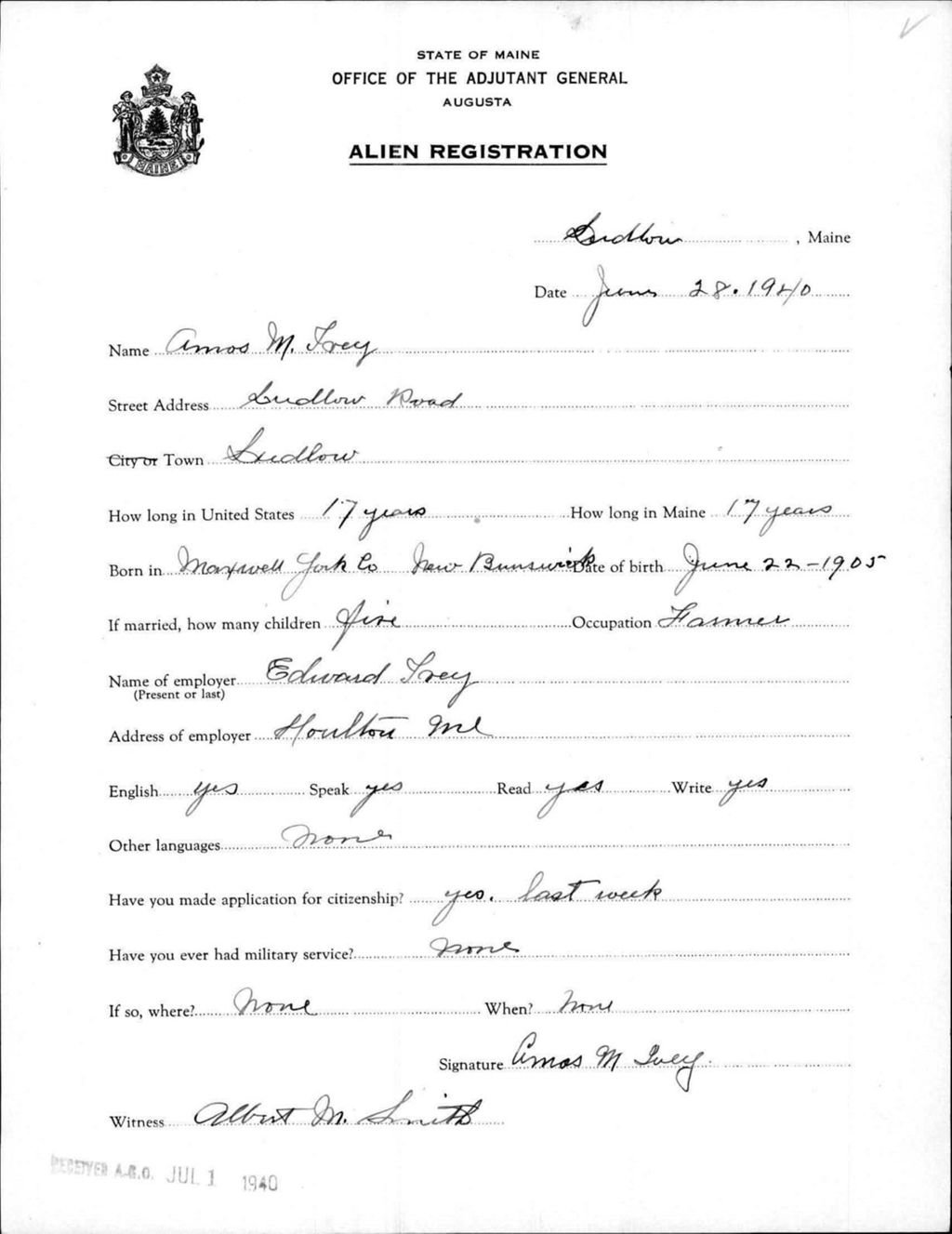 Miniature of Alien Registration- Ivey, Amos M. (Limestone, Aroostook County)