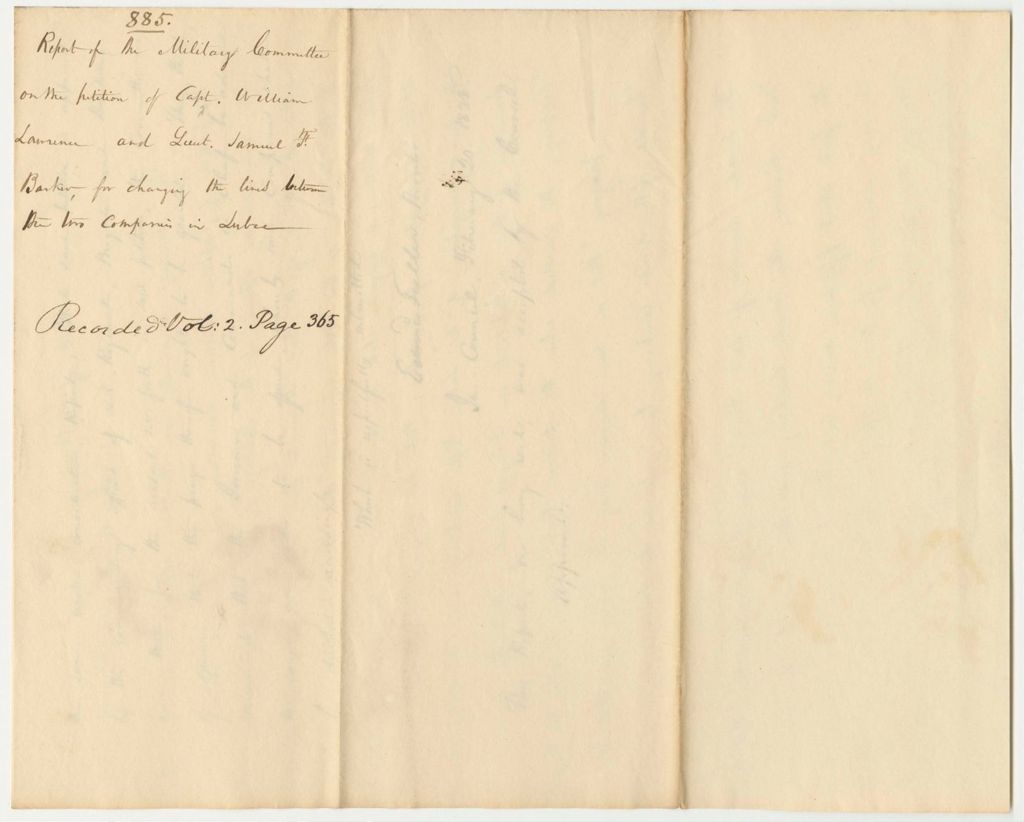 Miniature of Report 885: Report on the Petition of Capt. William Lawrence and Lieut. Samuel F. Barker for Changing the Lines Between Two Companies