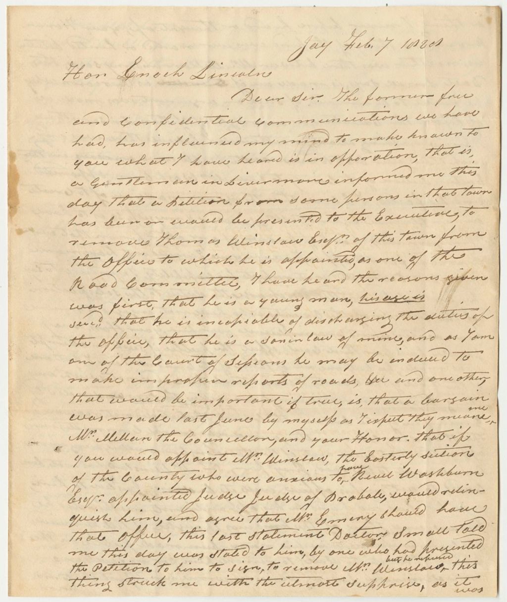 Miniature of Letter from James Rarr, Relating to the Petition for the Removal of Thomas Winslow from the Oxford Committee on Roads