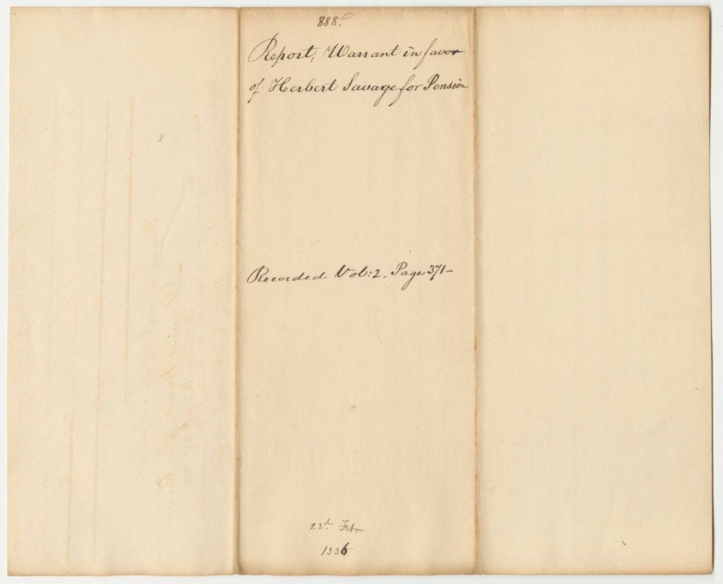 Miniature of Report 888: Report on the Warrant in Favor of Herbert Savage for a Pension