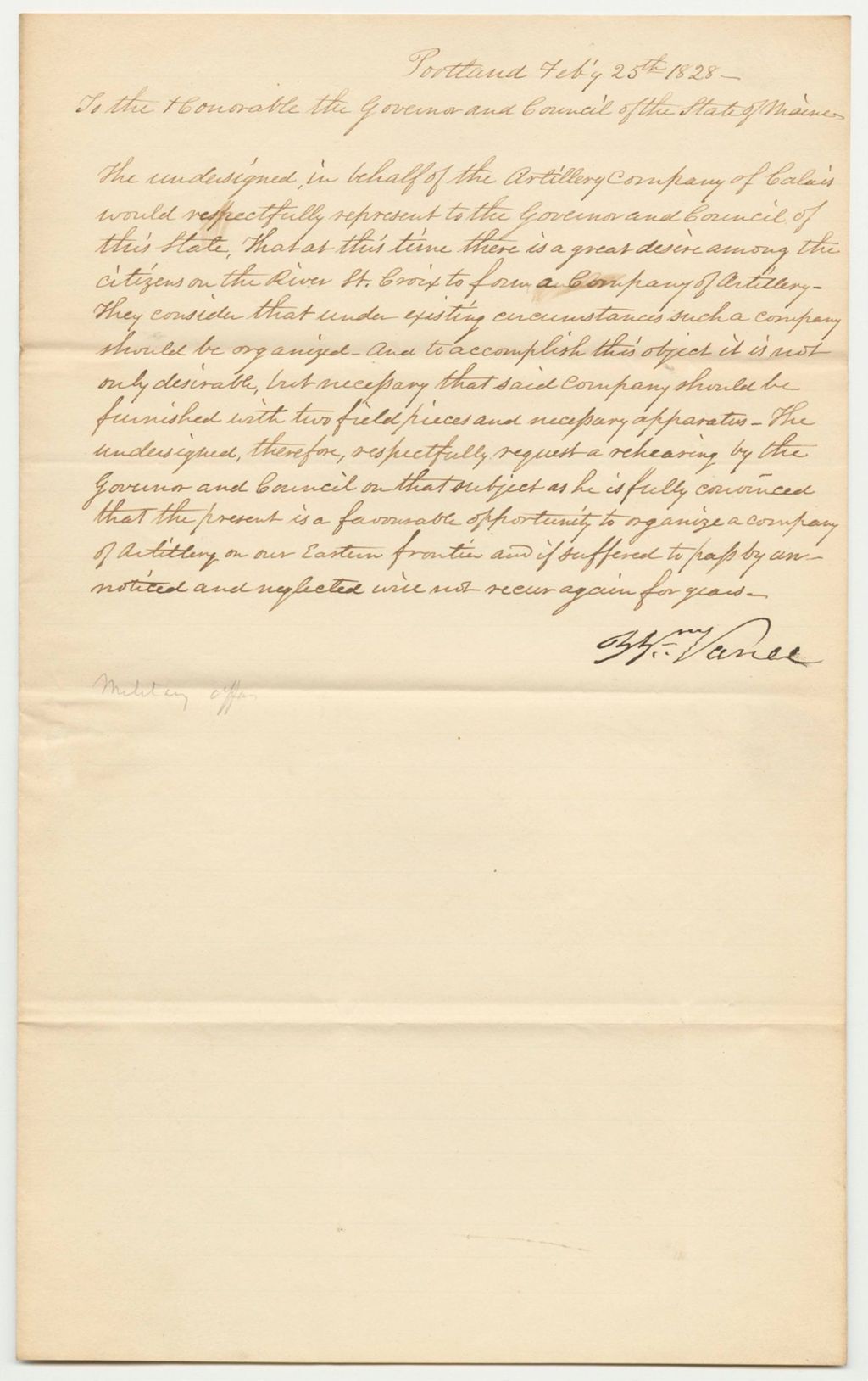 Miniature of Communication from William Vance in Relation to the Petition of John N. Todd and Others of Calais, for a Company of Artillery