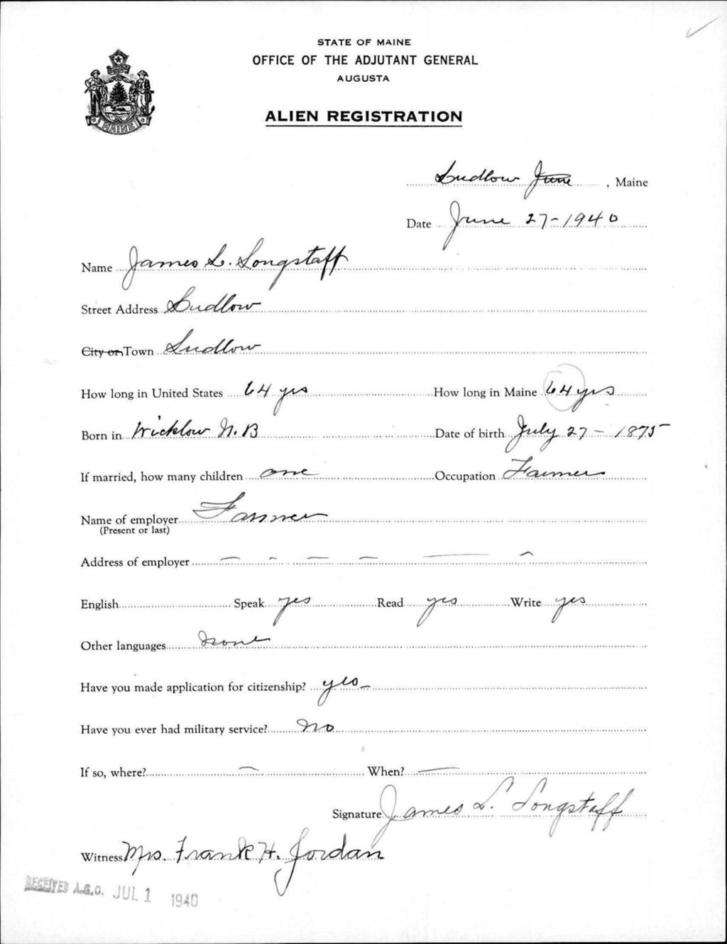 Miniature of Alien Registration- Longstaff, James L. (Limestone, Aroostook County)