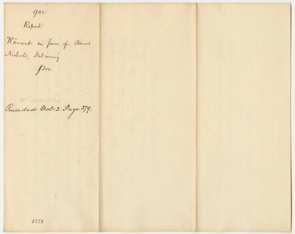Miniature of Report 902: Report on the Warrant in Favor of Amos Nichols for Stationary