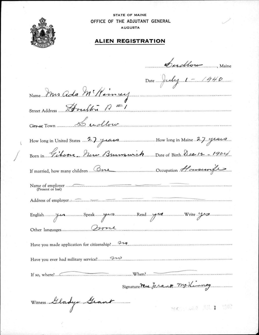 Miniature of Alien Registration- Mckinney, Ada (Limestone, Aroostook County)