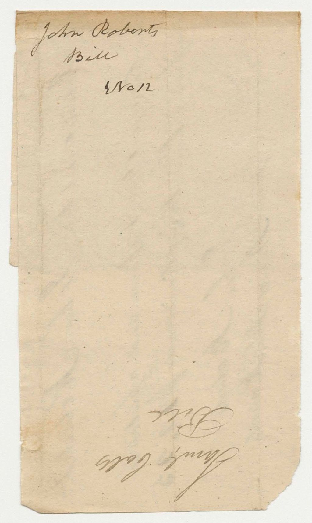 Miniature of John Roberts' Bill to Samuel Call, Esq., for Storage of Indian Goods for One Year