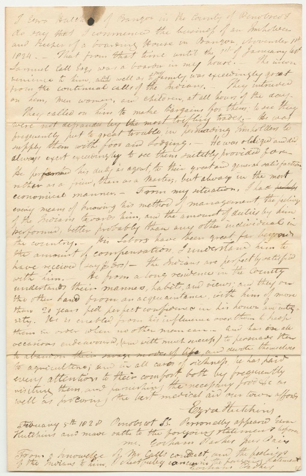 Miniature of Testimony of Ezra Hutchins Relating to the Conduct of Samuel Call, Esq., as Agent of the Penobscot Indians