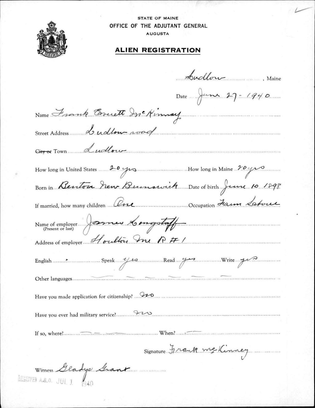 Miniature of Alien Registration- Mckinney, Frank E. (Limestone, Aroostook County)