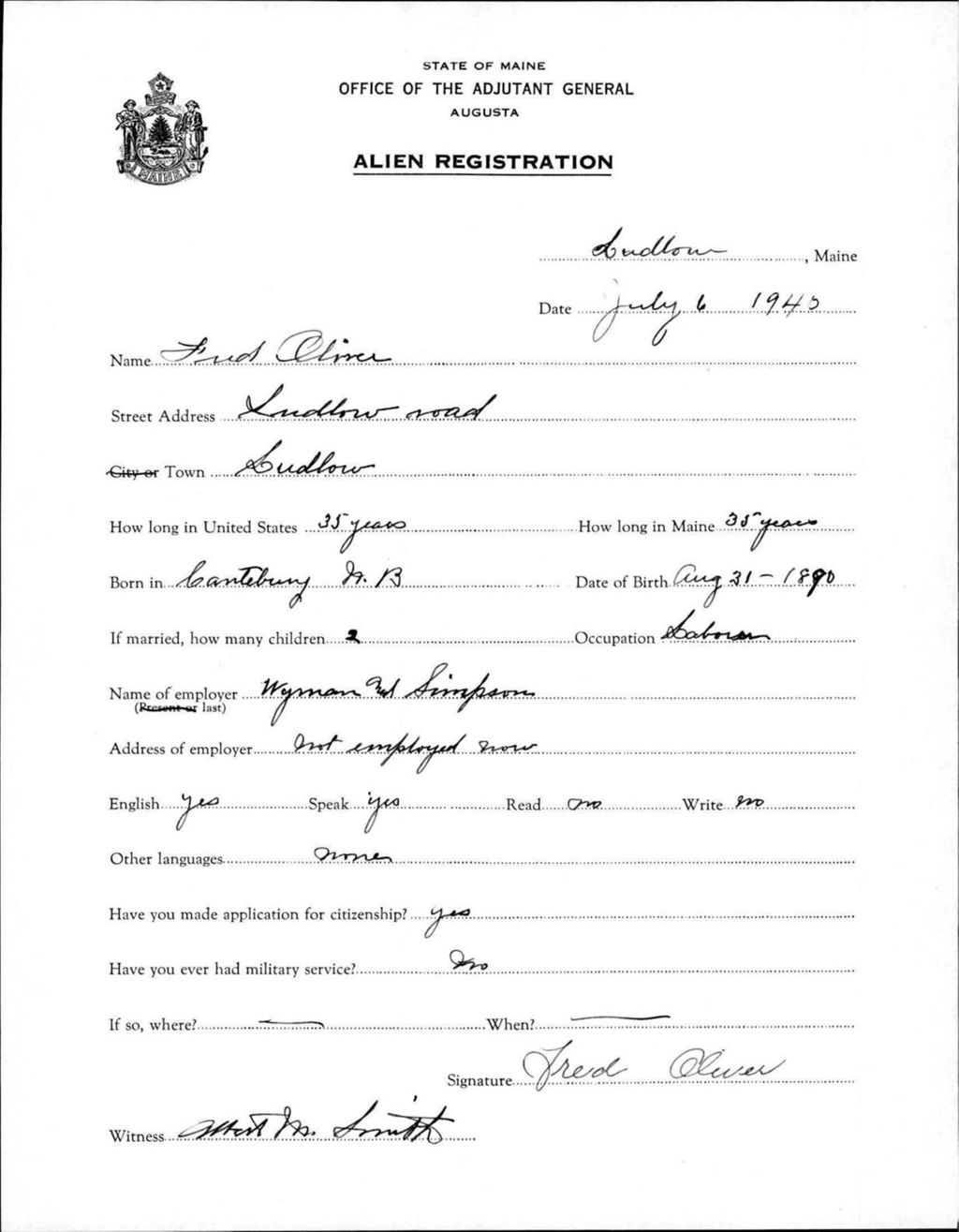 Miniature of Alien Registration- Oliver, Fred (Limestone, Aroostook County)