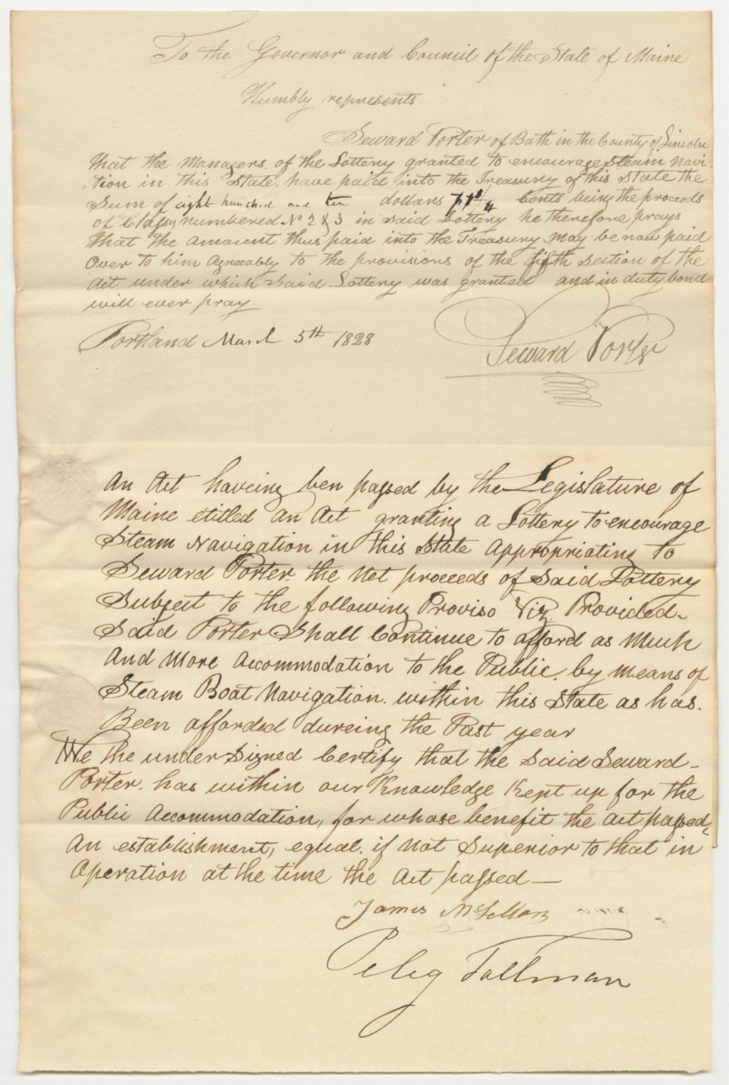 Miniature of Warrant in Favor of Seward Porter for the Lottery for the Benefit of Steam Navigation