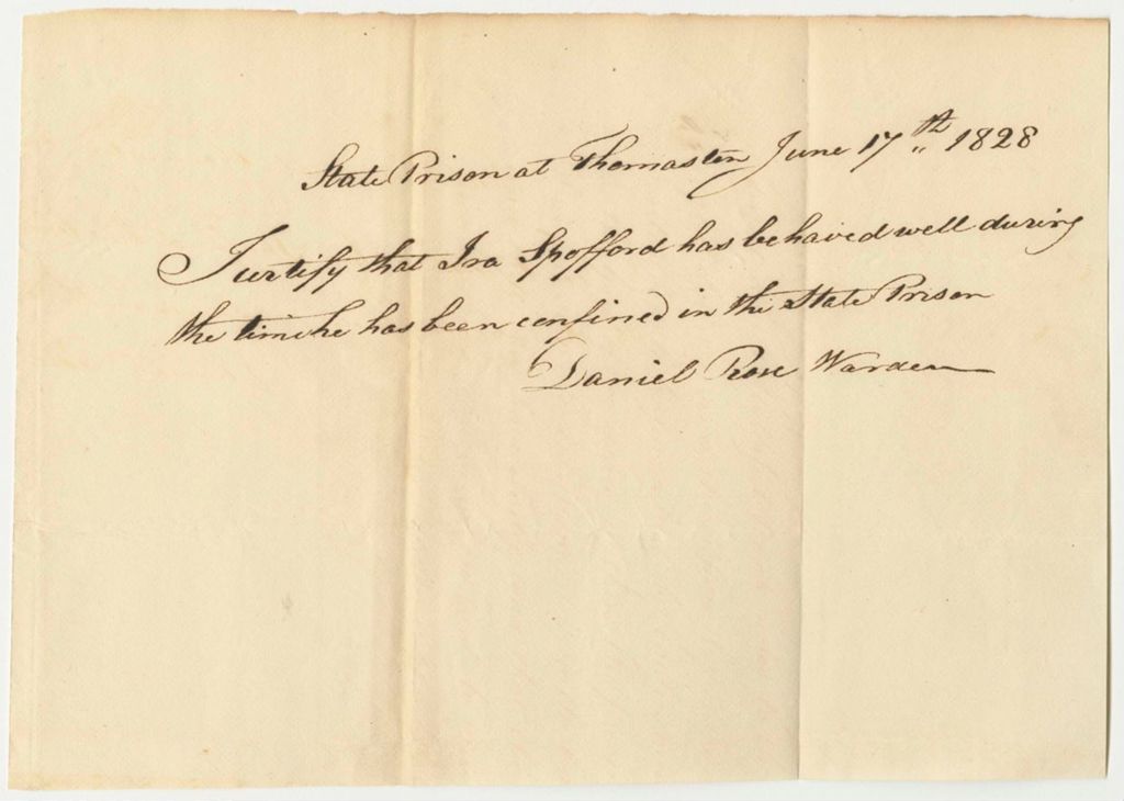 Miniature of Daniel Rose, Warden, Certification of the Behavior or Ira Spofford in Prison