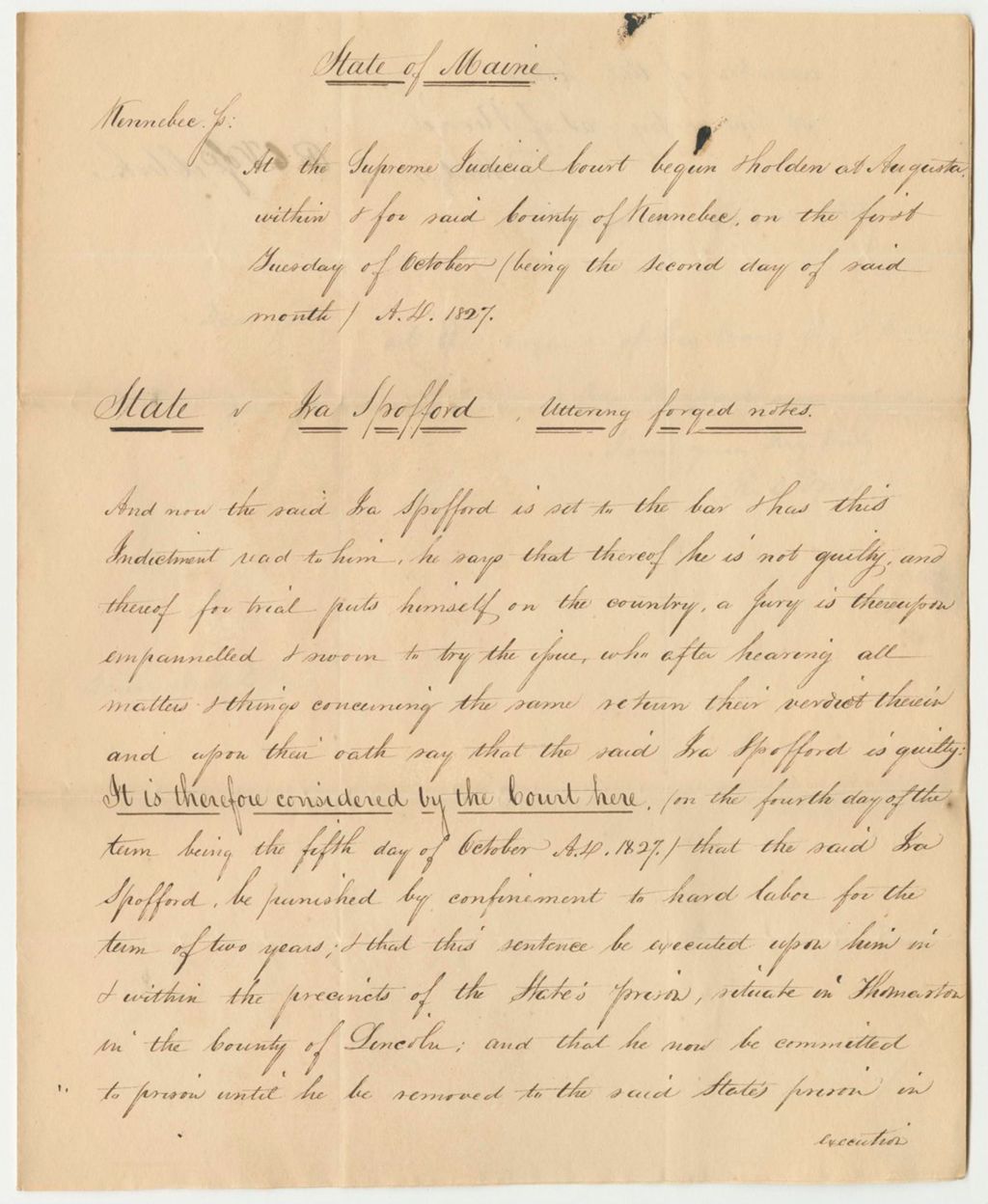 Miniature of State of Maine vs. Ira Spofford, Copy of Record