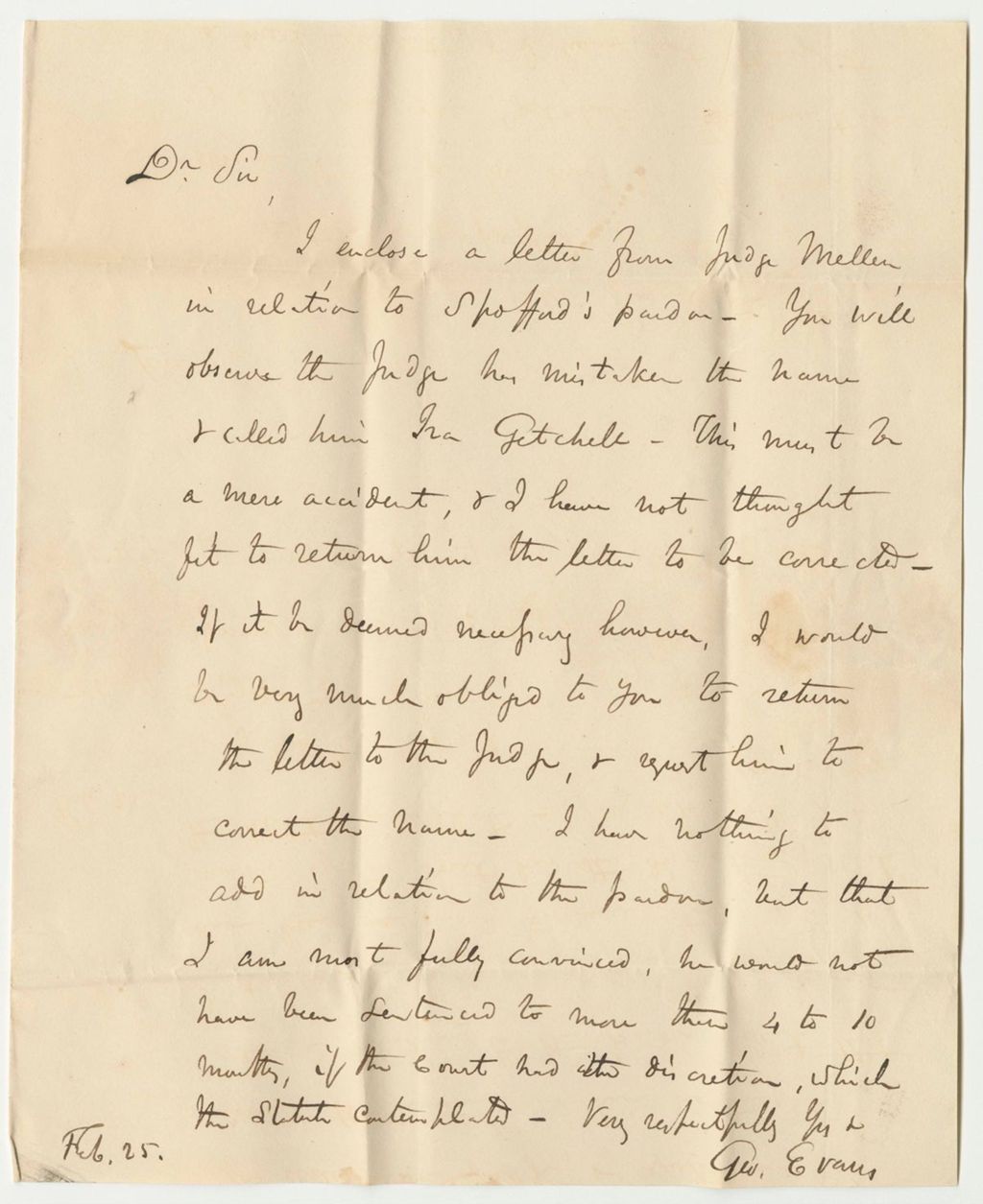 Miniature of Letter from Gov. Evans in Response to Judge Mellen's Letter Relating to the Pardon of Ira Spofford