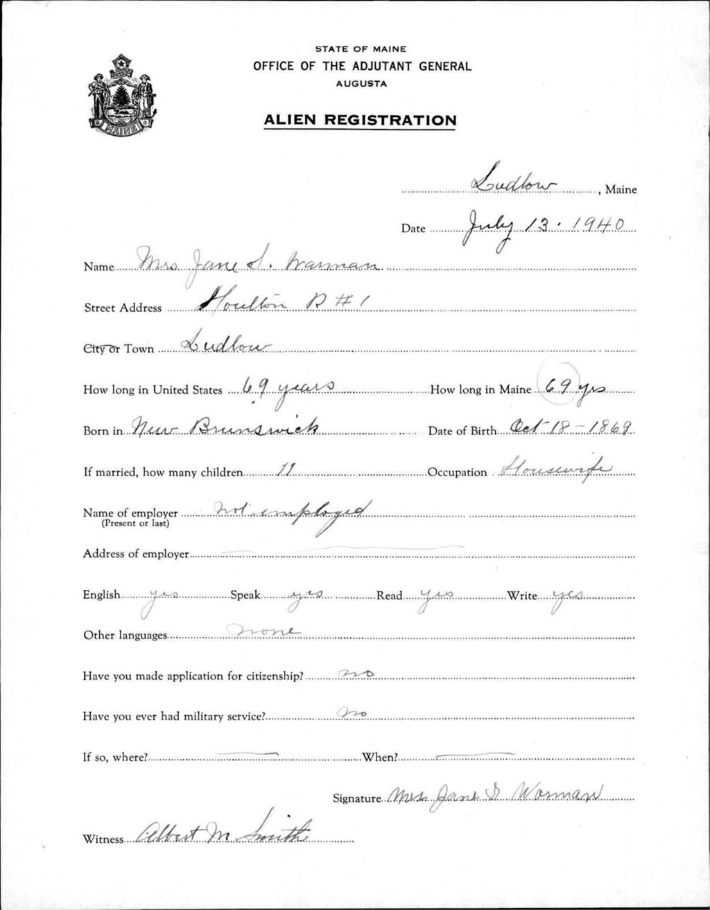 Miniature of Alien Registration- Warrman, Jane S. (Limestone, Aroostook County)