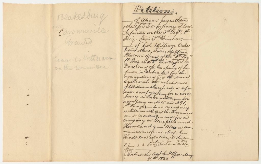 Miniature of Petitions of Colonel William Oakes Jr., and Others, for a Division of the Company of Infantry in Sebec and for the Organization of a Part of the Same Together with Inhabitants of Williamsburg into a Separate Company