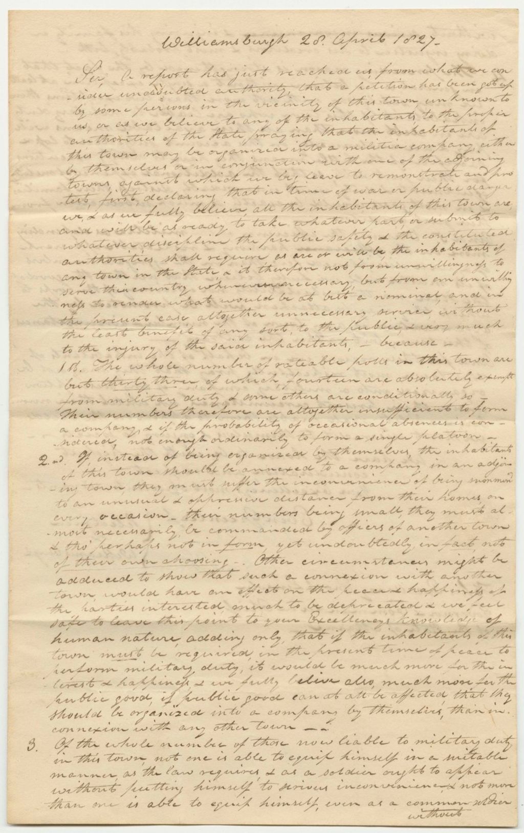 Miniature of Remonstrance of the Selectment of Williamsburg Against the Petition for the Organization of a Militia Company in Williamsburg in Conjunction with One of the Adjoining Towns