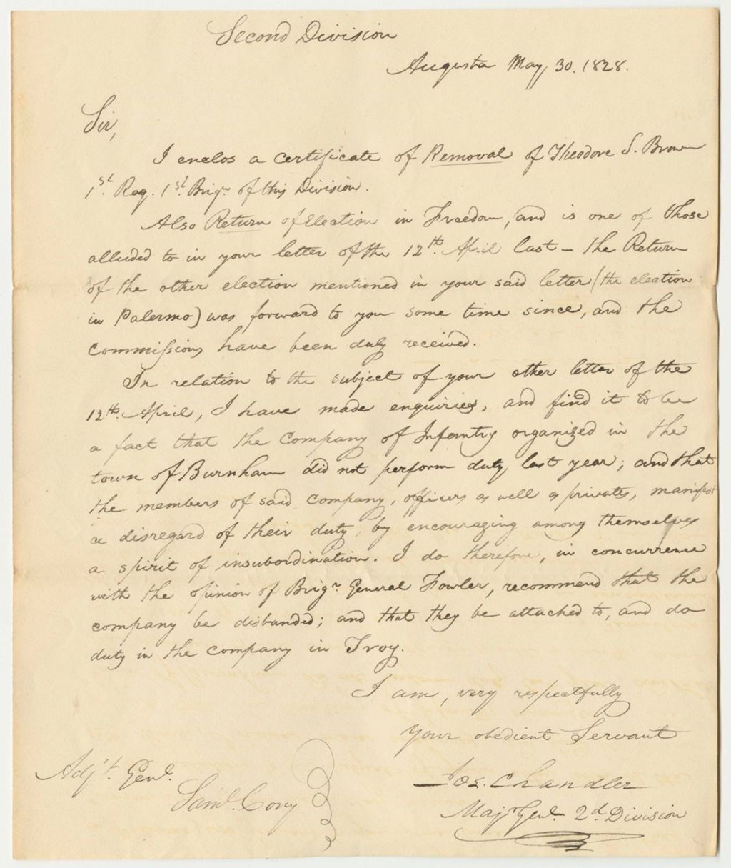 Miniature of Communication of General Joseph Chandler Relative to the Company in Burnham