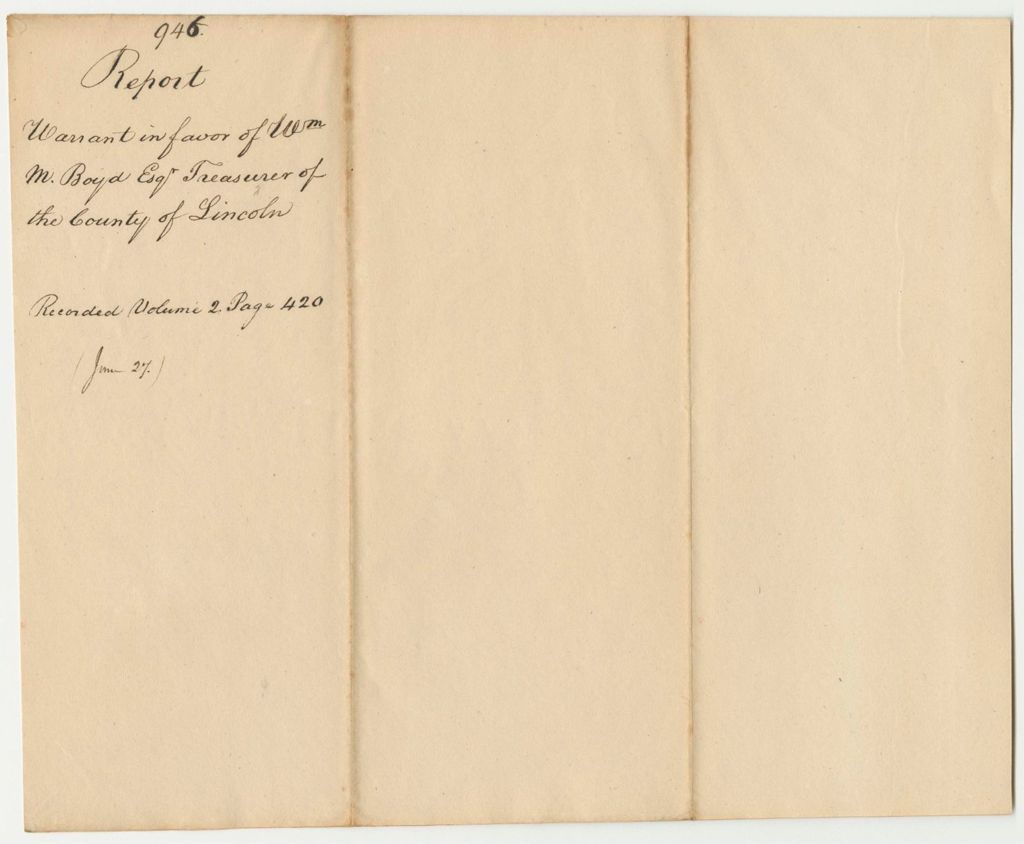 Miniature of Report 946: Report on the Warrant in Favor of William M. Boyd, Esq., Treasurer of Lincoln County