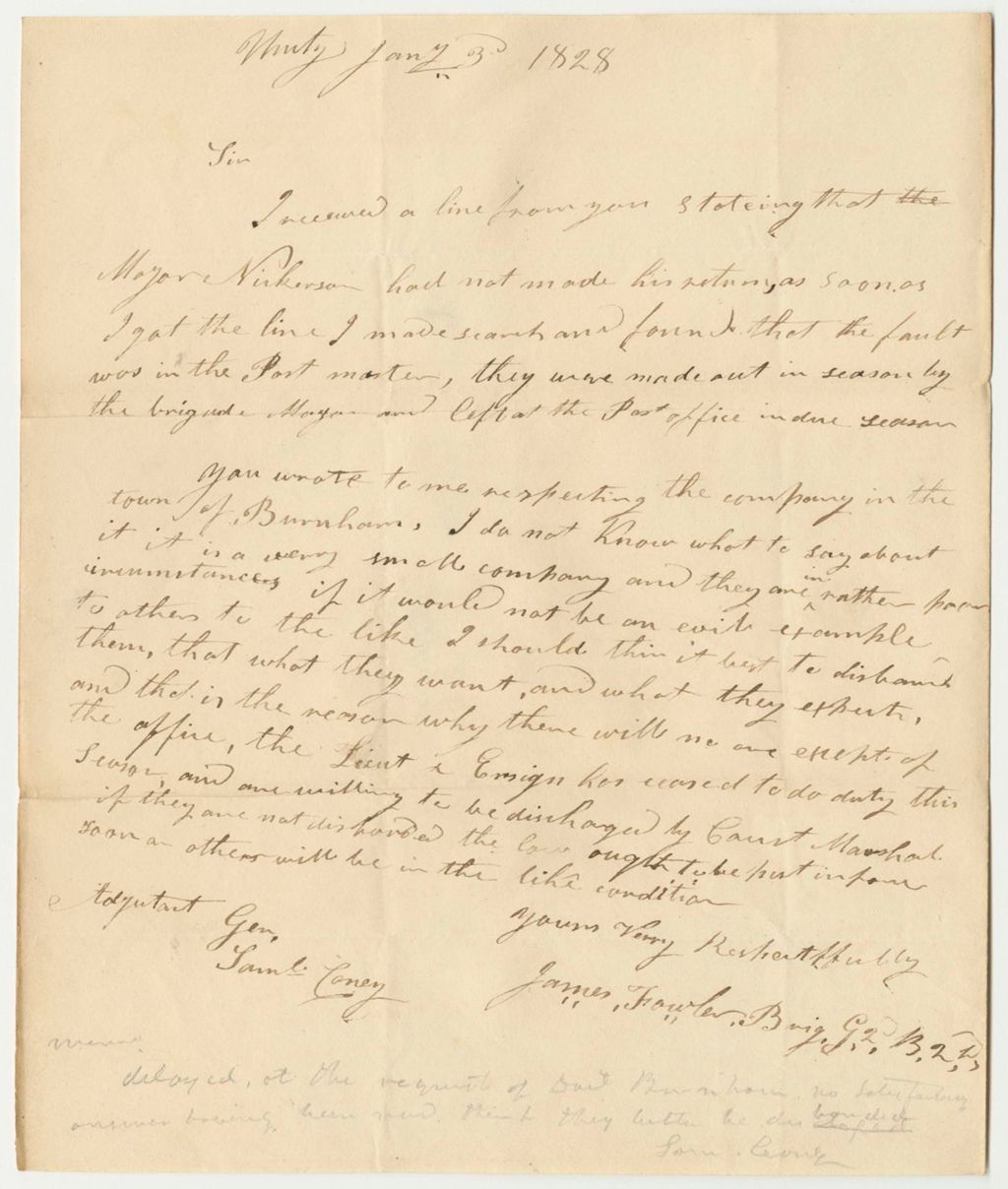 Miniature of Communication of General James Fowler Relative to the Company in Burnham