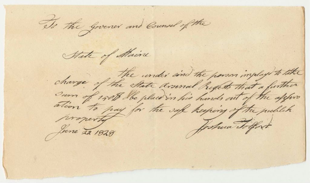 Miniature of Warrant in Favor of Joshua Tolford as Keeper of the State Arsenal