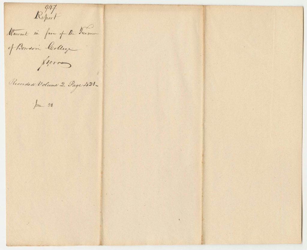 Miniature of Report 947: Report on the Warrant in Favor of the Treasurer of Bowdoin College