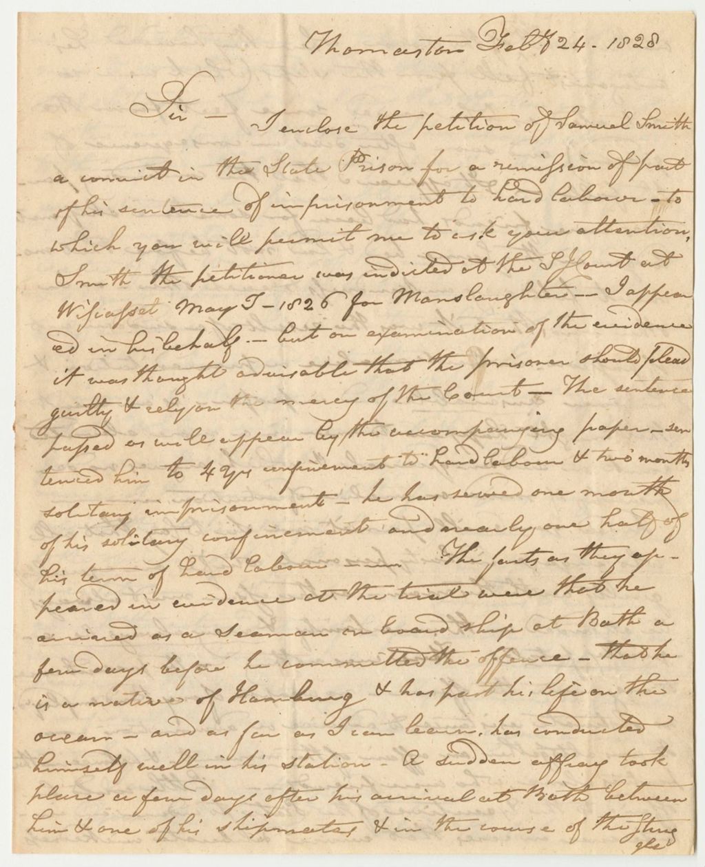 Miniature of Letter from Ebenezer Thatcher, Relating to the Petition of Samuel Smith for a Pardon