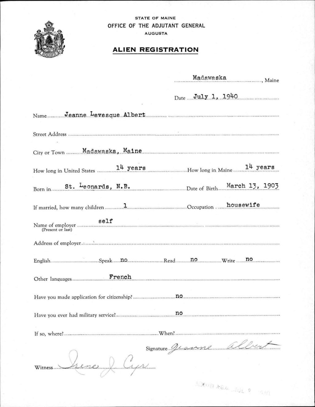 Miniature of Alien Registration- Levesque, Jeanne (Madawaska, Aroostook County)